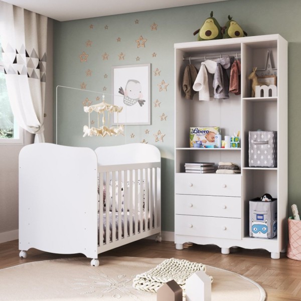 Encontraproduto.com.br - Quarto de Bebê com Guarda Roupa 3 Portas com Janelas e Berço 100% MDF Mimo Espresso Móveis Branco Brilho
