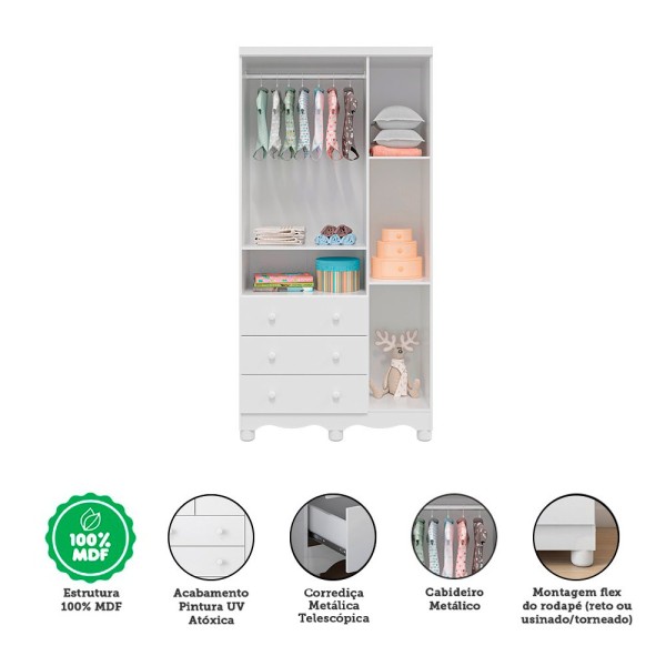Encontraproduto.com.br - Quarto de Bebê com Guarda Roupa 3 Portas com Janelas e Berço 100% MDF Mimo Espresso Móveis Branco Brilho