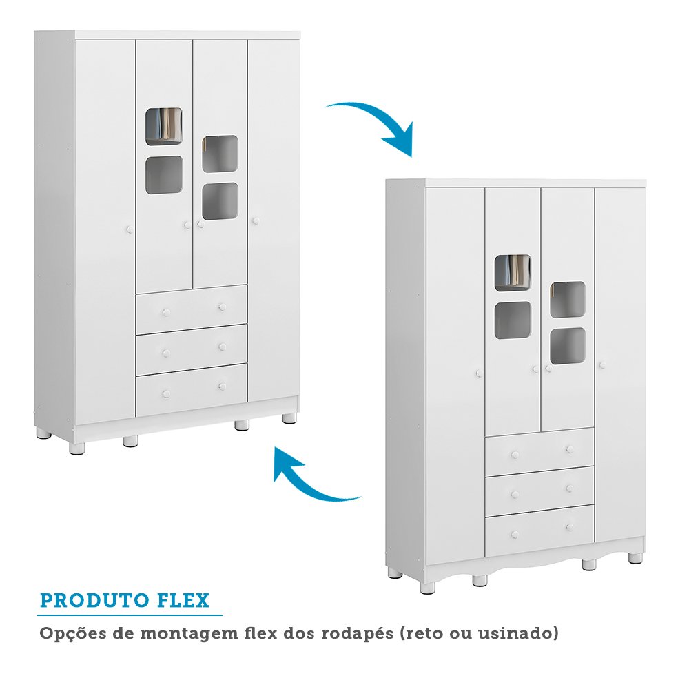 Encontraproduto.com.br - Quarto de Bebê com Guarda Roupa 4 Portas com Janelas e Berço 100% MDF Mimo Espresso Móveis Branco Brilho