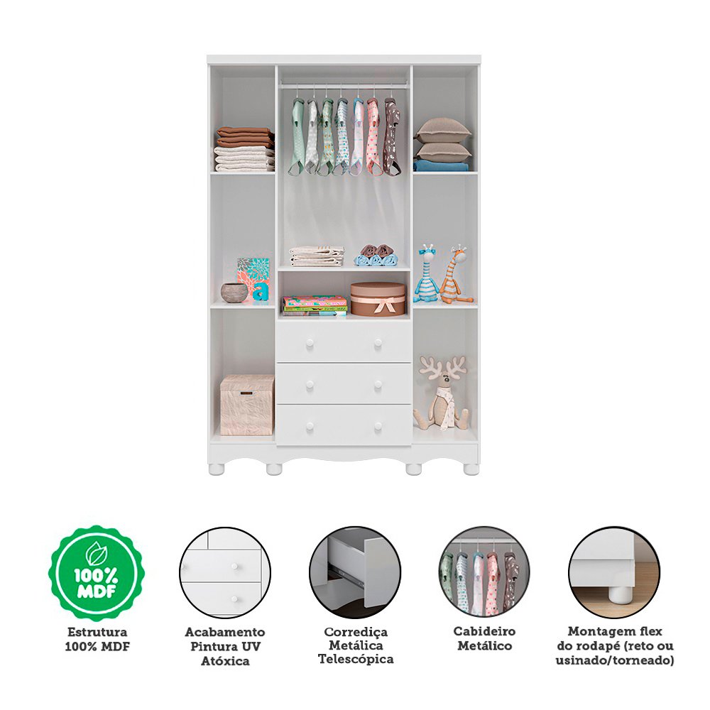 Encontraproduto.com.br - Quarto de Bebê com Guarda Roupa 4 Portas com Janelas e Berço 100% MDF Mimo Espresso Móveis Branco Brilho