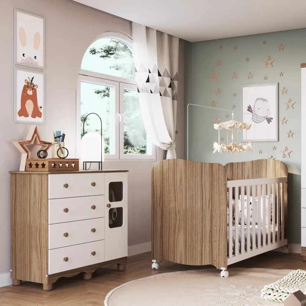 Quarto de Bebê com Cômoda 1 Porta com Janela e Berço 100% MDF Mimo Espresso Móveis Branco Brilho/Carvalho