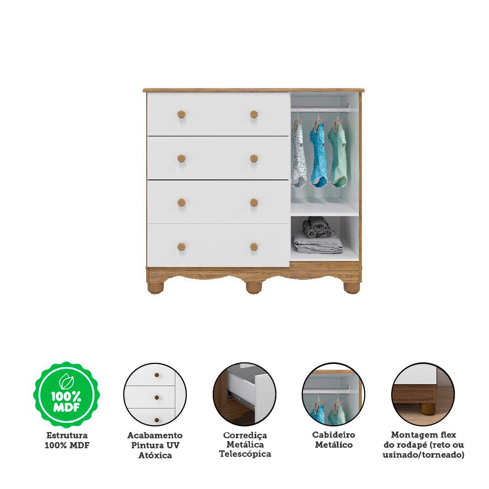 Encontraproduto.com.br - Quarto de Bebê com Cômoda 1 Porta com Janela e Berço 100% MDF Mimo Espresso Móveis Branco Brilho/Carvalho
