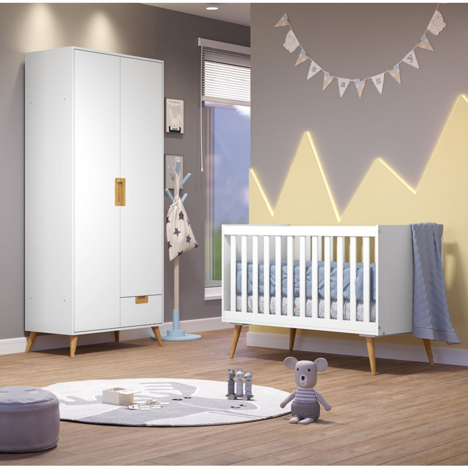 Encontraproduto.com.br - Quarto De Bebê Completo 1 Berço Com 1 Guarda Roupa 2 Portas Caring Serpil Baby Branco/Carvalho
