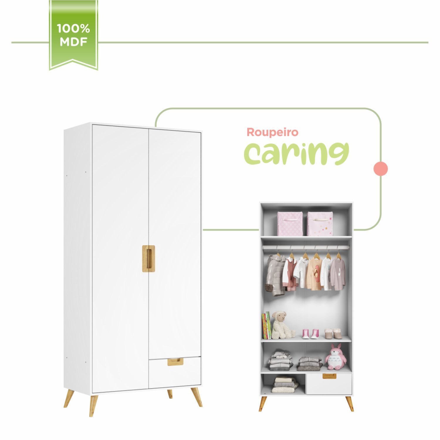 Encontraproduto.com.br - Quarto De Bebê Completo 1 Berço Com 1 Guarda Roupa 2 Portas Caring Serpil Baby Branco/Carvalho