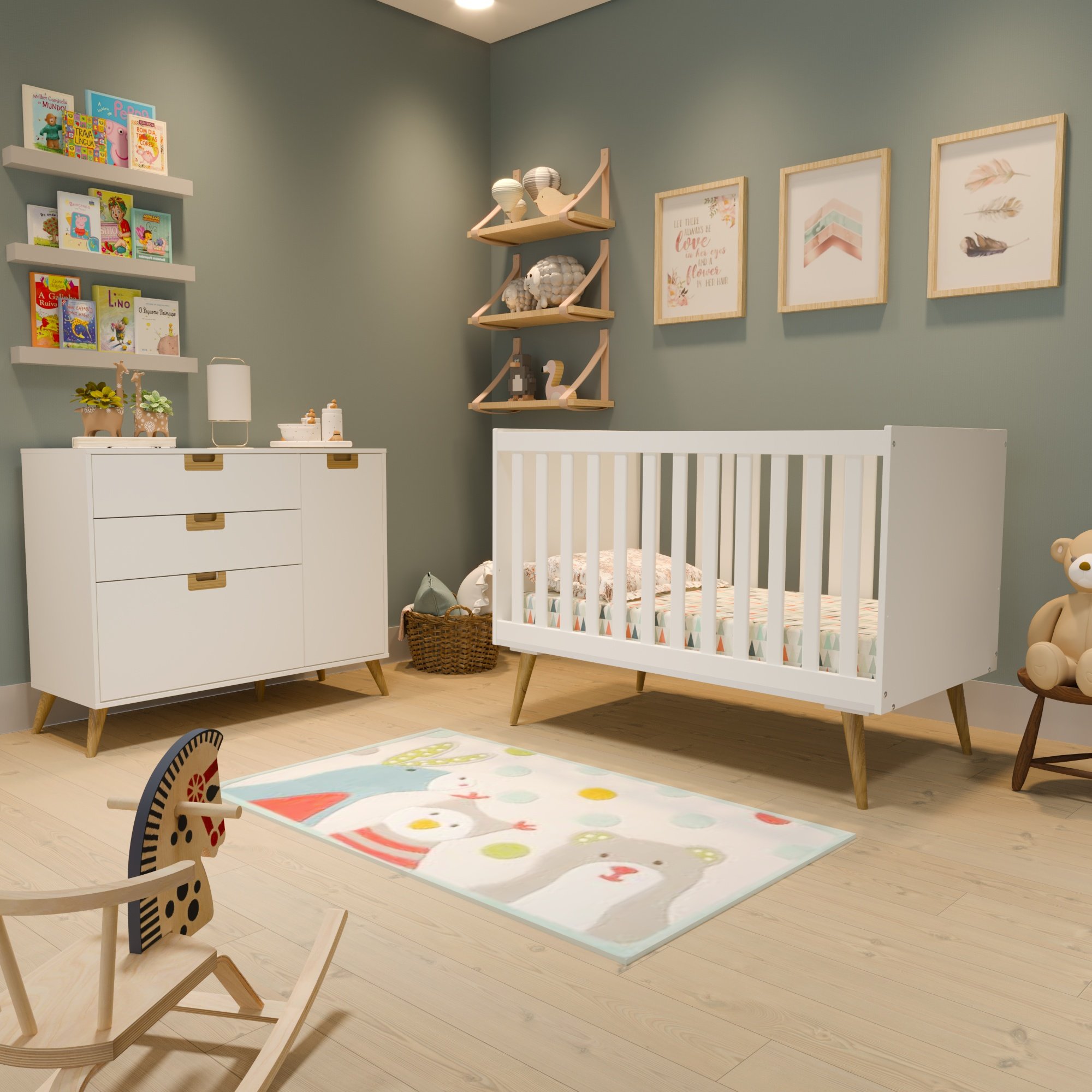 Encontraproduto.com.br - Quarto De Bebê Completo 1 Berço Com 1 Cômoda 3 Gavetas Caring Serpil Baby Branco/Carvalho