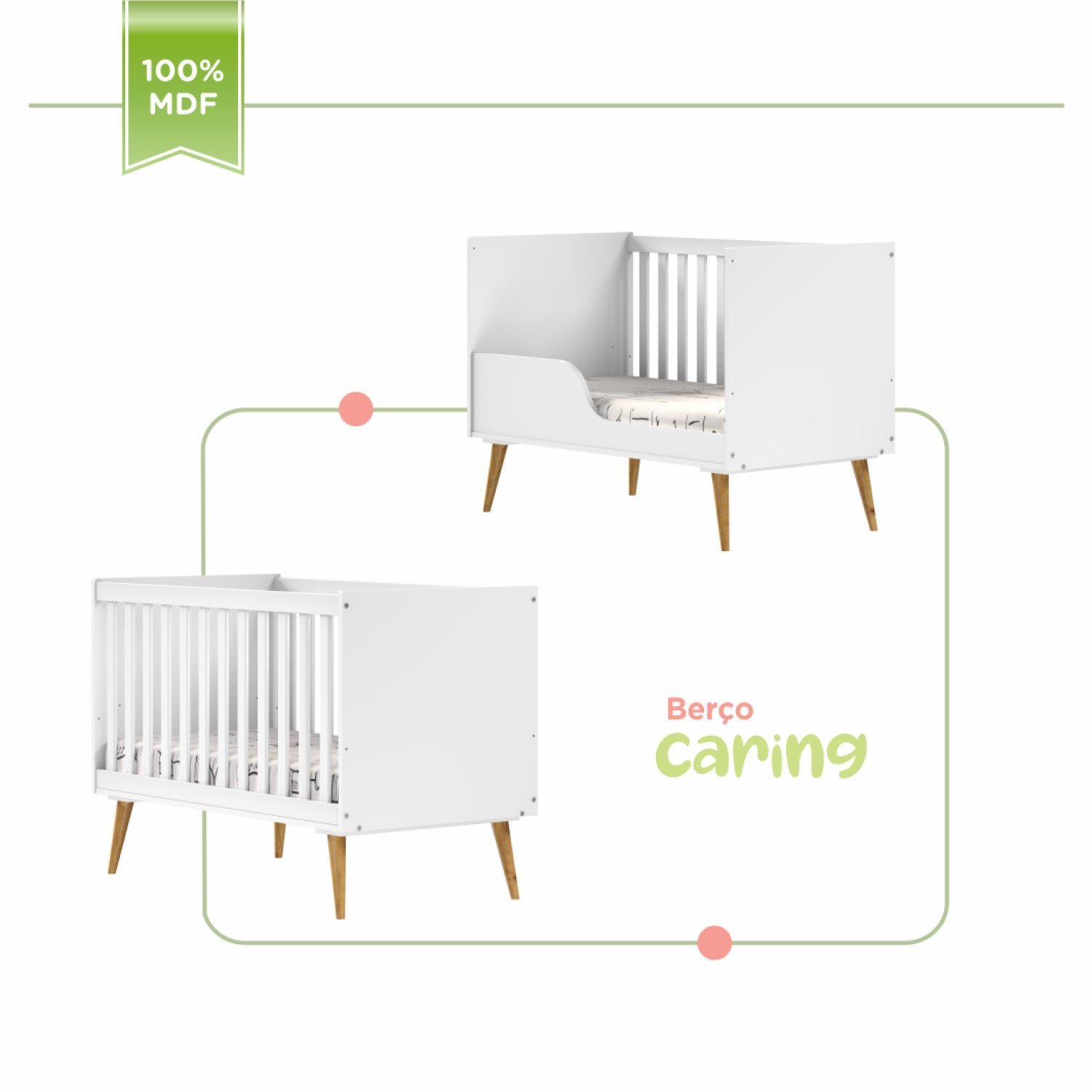 Encontraproduto.com.br - Quarto De Bebê Completo 1 Berço Com 1 Cômoda 3 Gavetas Caring Serpil Baby Branco/Carvalho