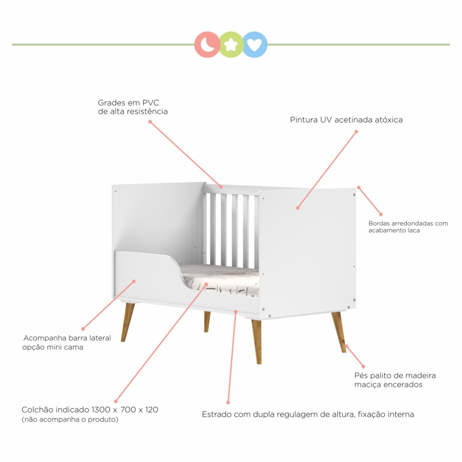 Encontraproduto.com.br - Quarto De Bebê Completo 1 Berço Com 1 Cômoda 3 Gavetas Caring Serpil Baby Branco/Carvalho
