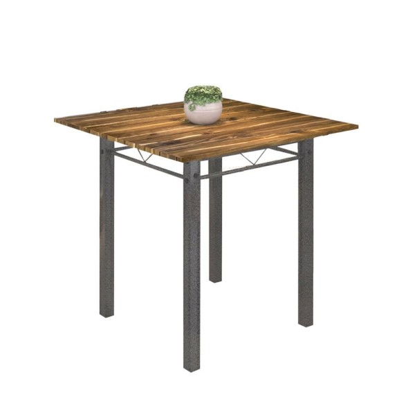 Mesa Tubular 75X75Cm Tampo De Madeira 4 Lugares Júlia Soma Móveis Martelado Prata/Tampo Madeira