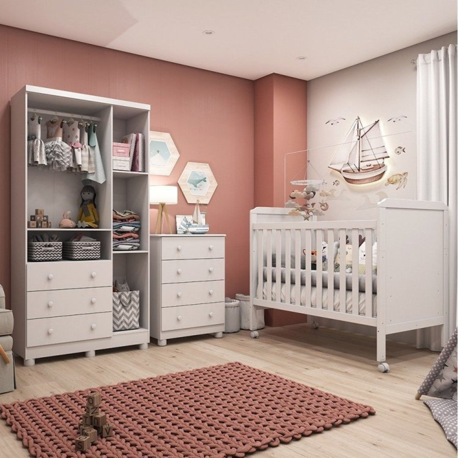 Encontraproduto.com.br - Quarto De Bebê Completo Berço 2 Em 1 Guarda Roupa 3 Portas Cômoda 4 Gavetas Júnior Móveis Peroba Branco Brilho