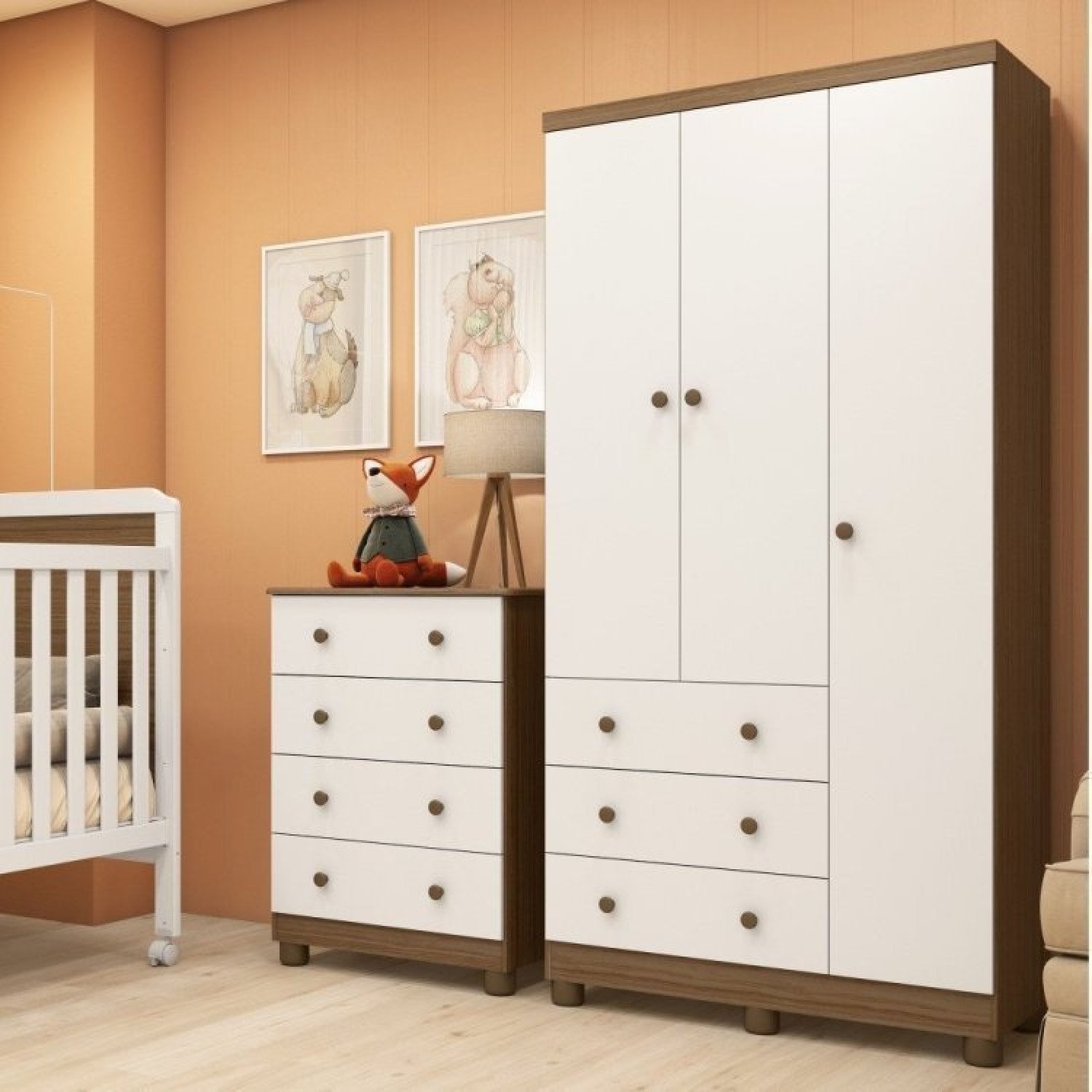 Conjunto para Quarto de Bebê Guarda Roupa 3 Portas Cômoda 4 Gavetas Júnior Móveis Peroba Branco Brilho/Carvalho