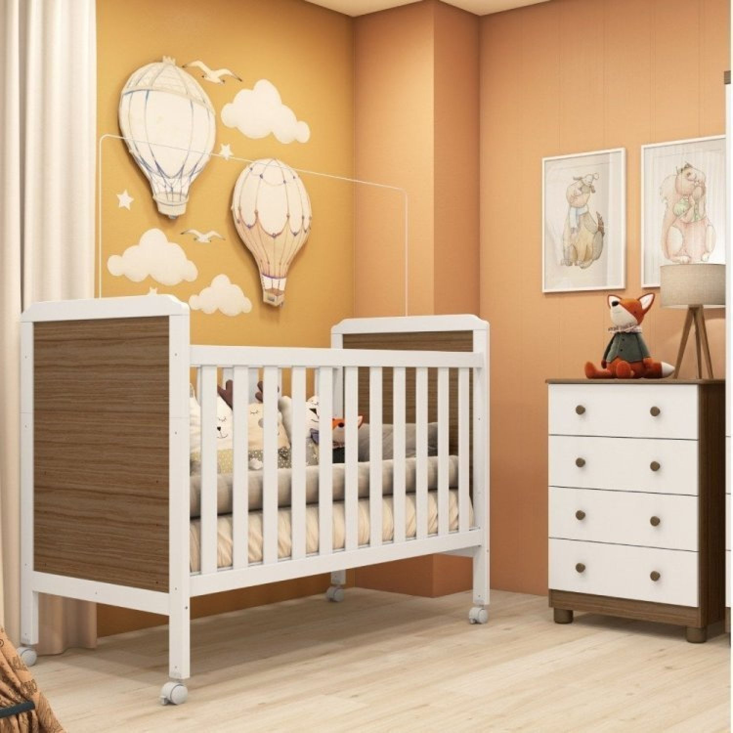 Conjunto para Quarto de Bebê Berço 2 em 1 Cloe Cômoda 4 Gavetas Júnior Móveis Peroba Branco Brilho/Carvalho
