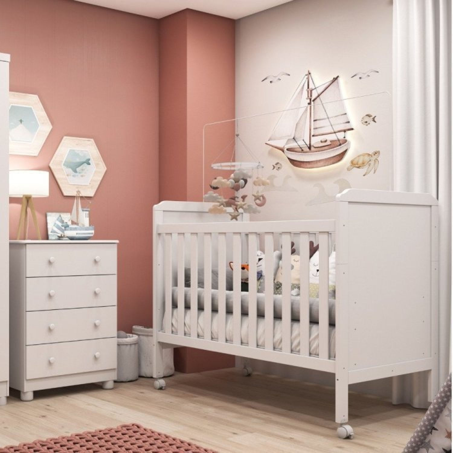 Encontraproduto.com.br - Conjunto para Quarto de Bebê com Berço 2 em 1 Cloe Cômoda 4 Gavetas Júnior Móveis Peroba Branco Brilho