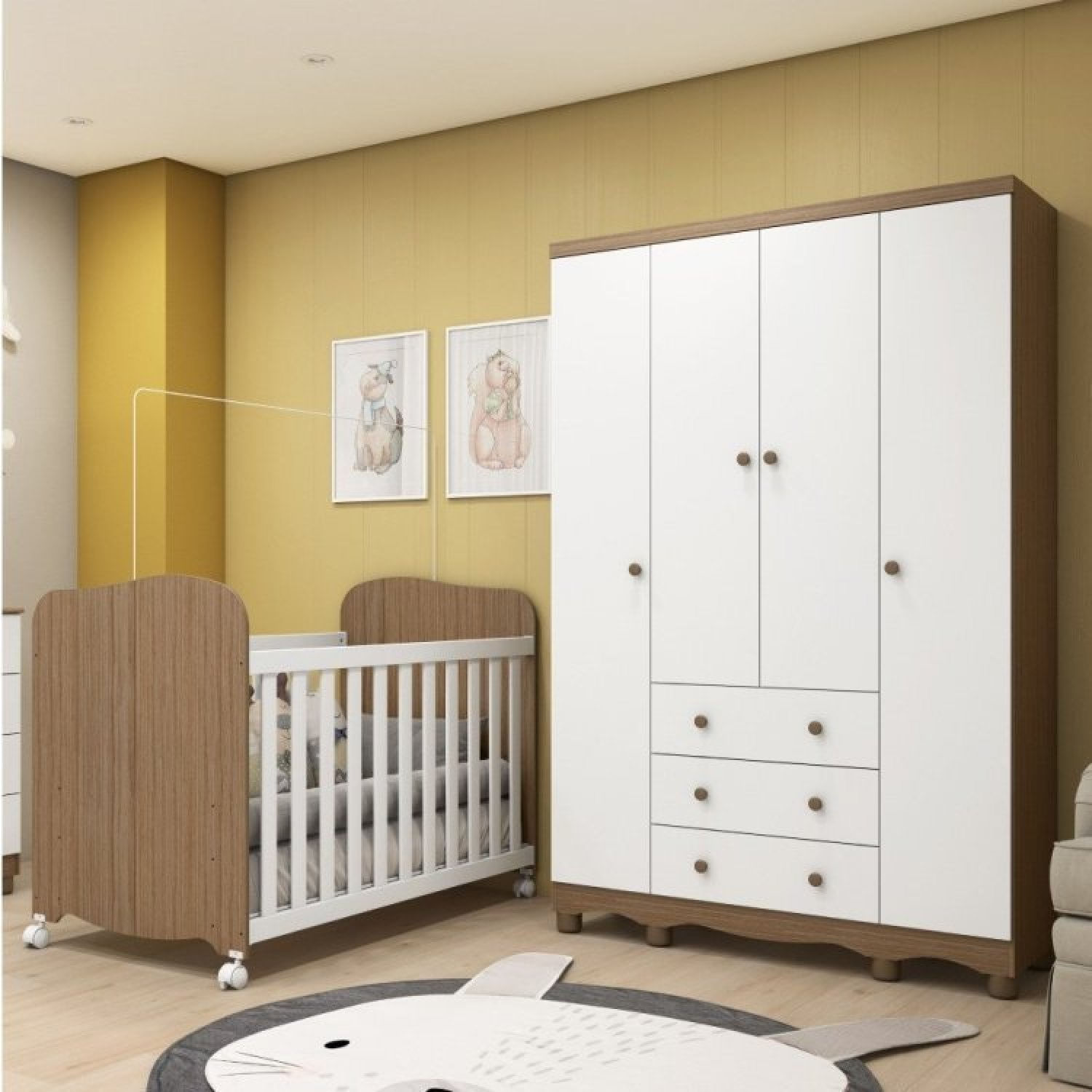 Conjunto para Quarto de Bebê 1 Berço Americano Uli 1 Guarda Roupa Júnior Branco Brilho/Carvalho