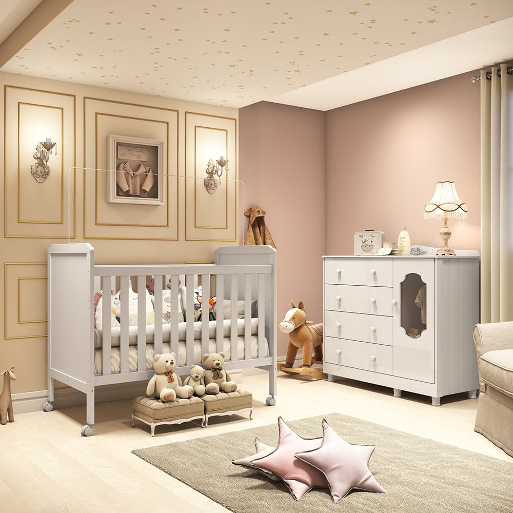 Quarto de Bebê Cômoda 1 Porta com Janela e 4 Gavetas e Berço Mateo Provençal 100% MDF Espresso Móveis Branco Brilho