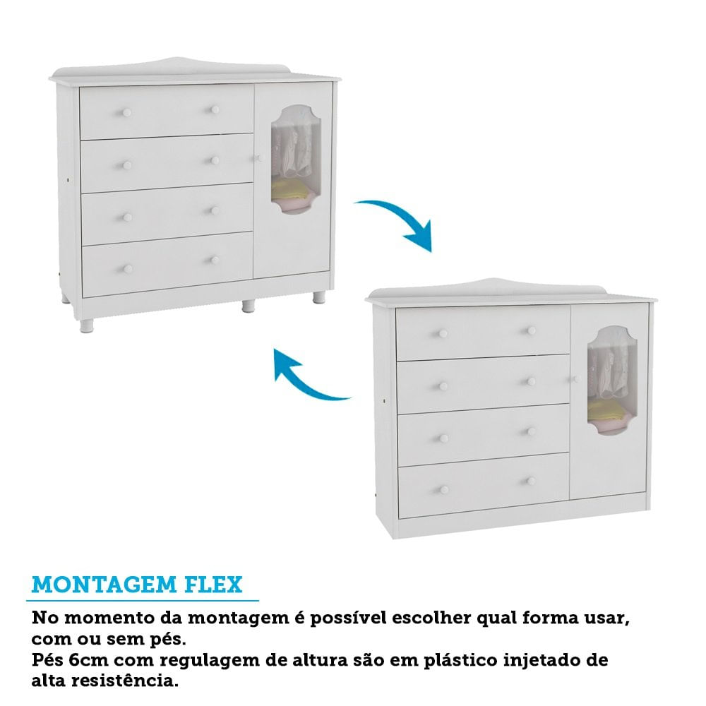 Encontraproduto.com.br - Quarto de Bebê Cômoda 1 Porta com Janela e 4 Gavetas e Berço Mateo Provençal 100% MDF Espresso Móveis Branco Brilho