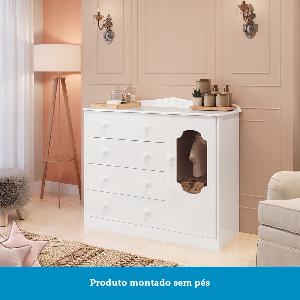 Encontraproduto.com.br - Quarto de Bebê Cômoda 1 Porta com Janela e 4 Gavetas e Berço Mateo Provençal 100% MDF Espresso Móveis Branco Brilho