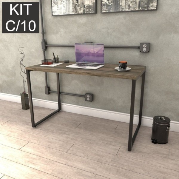 Encontraproduto.com.br - Kit Com 10 Escrivaninhas Kuadra 120Cm Estilo Industrial Compace Carvalho Dark/Preto