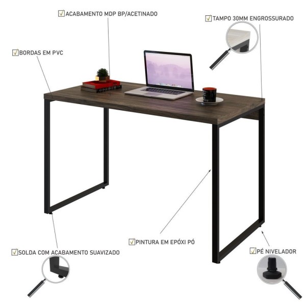 Encontraproduto.com.br - Kit Com 10 Escrivaninhas Kuadra 120Cm Estilo Industrial Compace Carvalho Dark/Preto