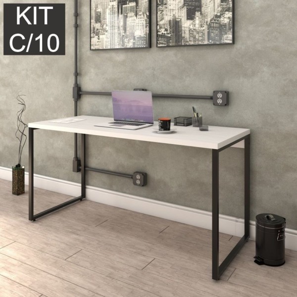 Encontraproduto.com.br - Kit Com 10 Escrivaninhas Kuadra 150Cm Estilo Industrial Compace Branco Chess/Preto