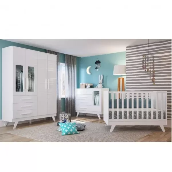 Encontraproduto.com.br - Quarto de Bebê Completo com Guarda Roupa com Janela Cômoda e Berço 100% MDF Jolie Retrô Branco Brilho