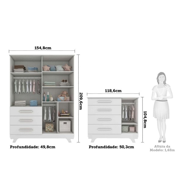 Encontraproduto.com.br - Quarto de Bebê Completo com Guarda Roupa com Janela Cômoda e Berço 100% MDF Jolie Retrô Branco Brilho