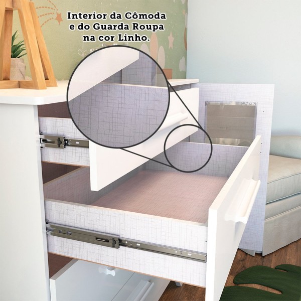 Encontraproduto.com.br - Quarto de Bebê Completo com Guarda Roupa com Janela Cômoda e Berço 100% MDF Jolie Retrô Branco Brilho