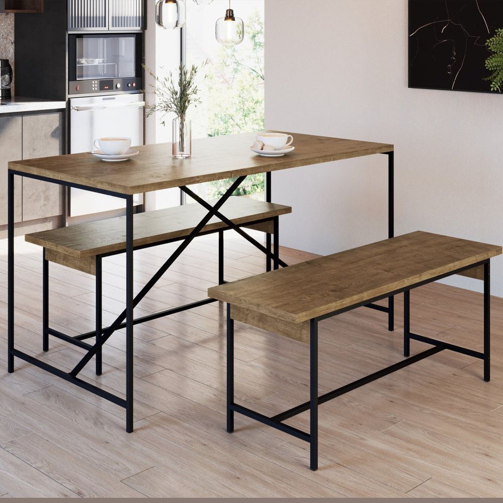 Conjunto Sala De Jantar Mesa 136X69Cm Com 2 Bancos Steel Quadra Industrial Artesano Vermont/Preto