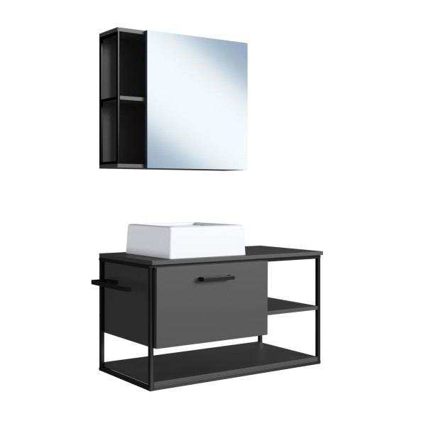 Encontraproduto.com.br - Gabinete Suspenso Para Banheiro 80Cm Com Espelheira E Cuba Placa E Ponto Preto/Grafite