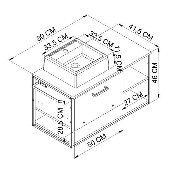 Encontraproduto.com.br - Gabinete Suspenso Para Banheiro 80Cm Com Espelheira E Cuba Placa E Ponto Preto/Grafite