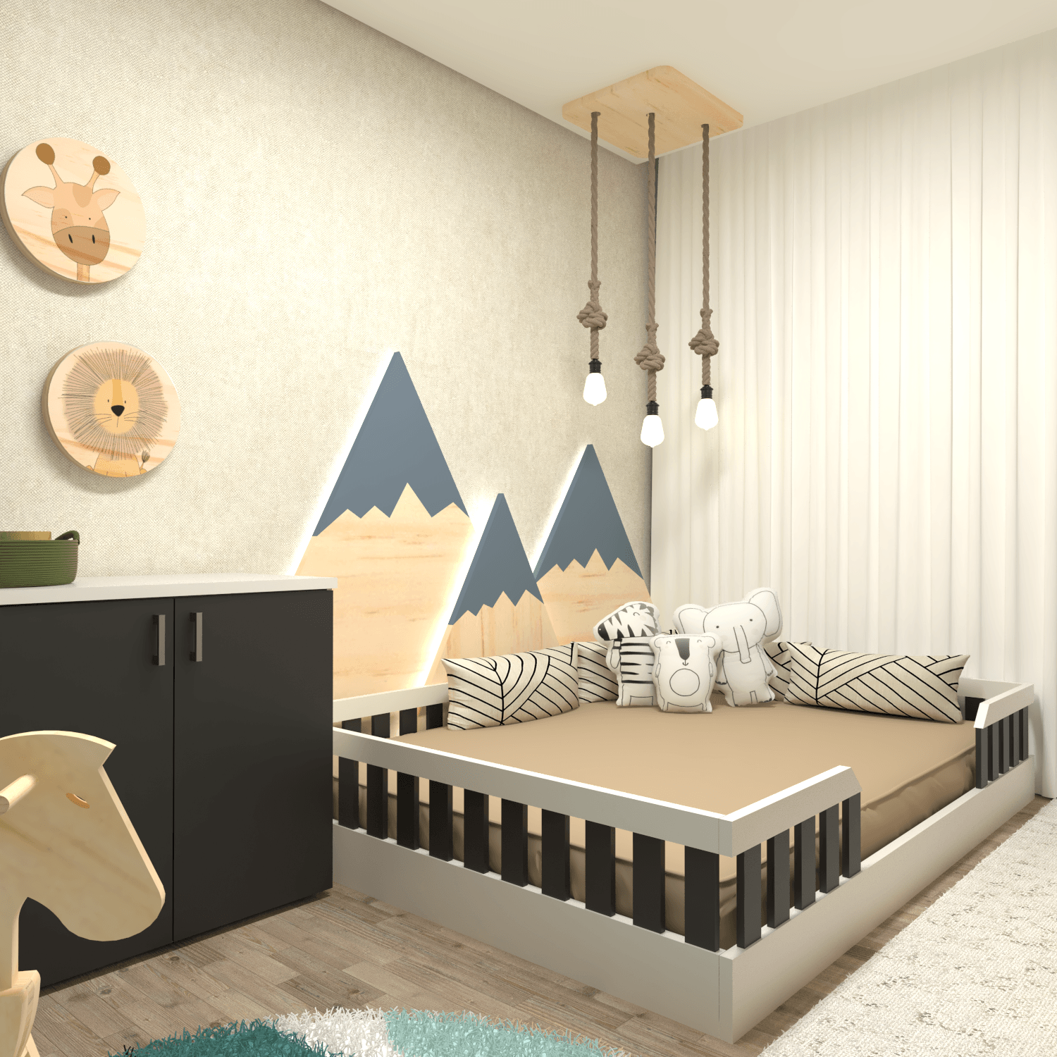 Kit com Cama Casal Infantil e Armário Baixo Montessoriano Yescasa Branco/Preto