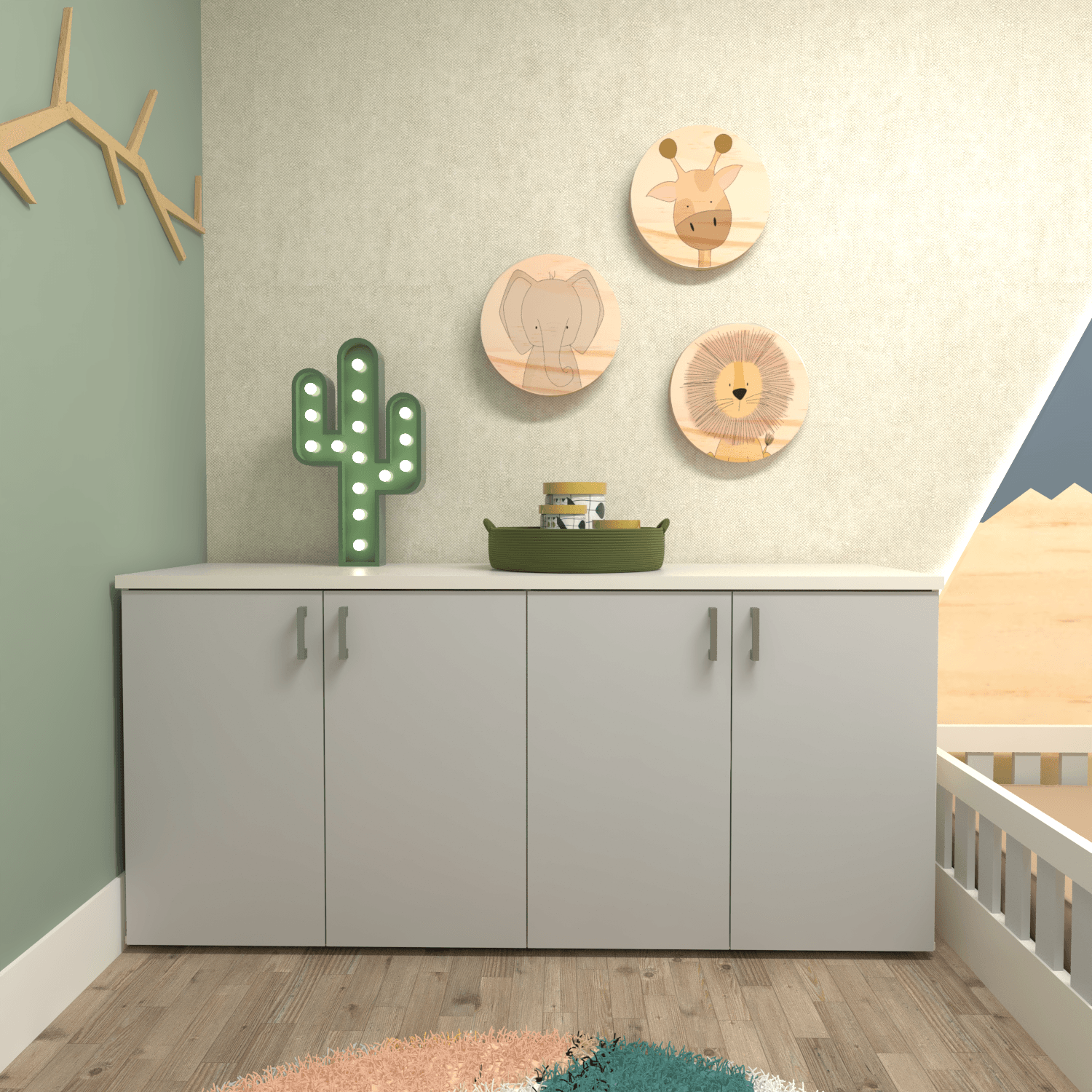 Encontraproduto.com.br - Kit com Cama Casal e Armário Baixo Montessoriano Yescasa Branco/Cinza Cristal