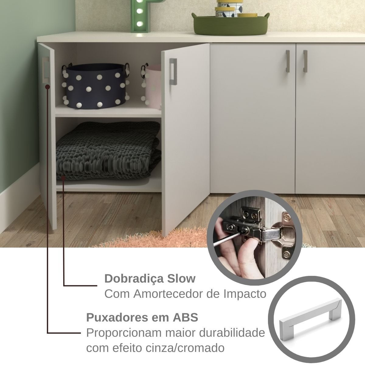Encontraproduto.com.br - Kit com Cama Casal e Armário Baixo Montessoriano Yescasa Branco/Cinza Cristal
