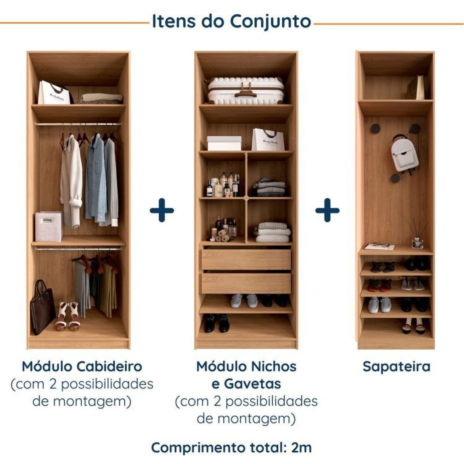 Encontraproduto.com.br - Conjunto Modulado Joy 3 Peças Cabideiros, Nicho Com 2 Gavetas E Sapateira Salmão/Avena
