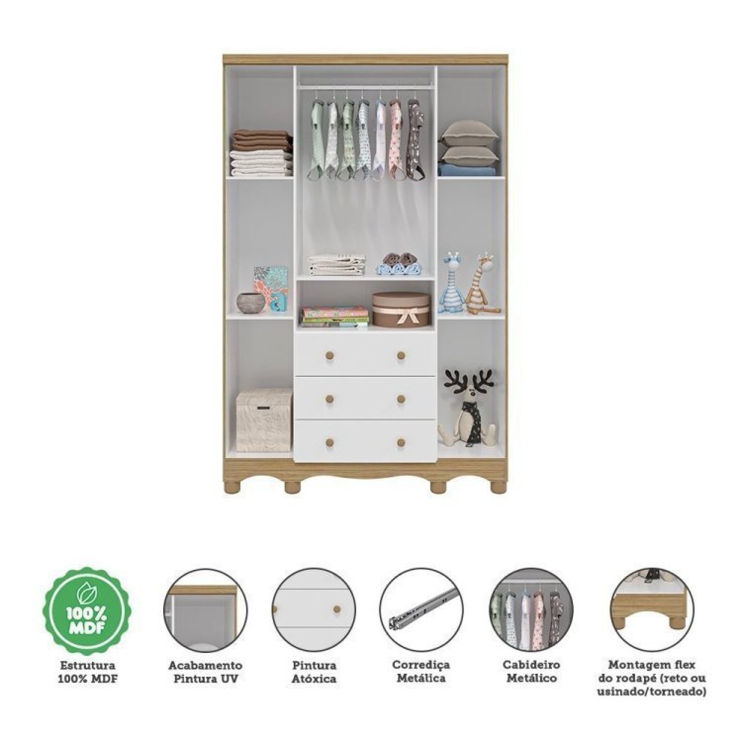 Encontraproduto.com.br - Quarto de Bebê com Berço Mini Cama 2 em 1 Cloe Guarda Roupa 4 Portas 3 Gavetas Uli Móveis Peroba Branco Brilho/Carvalho