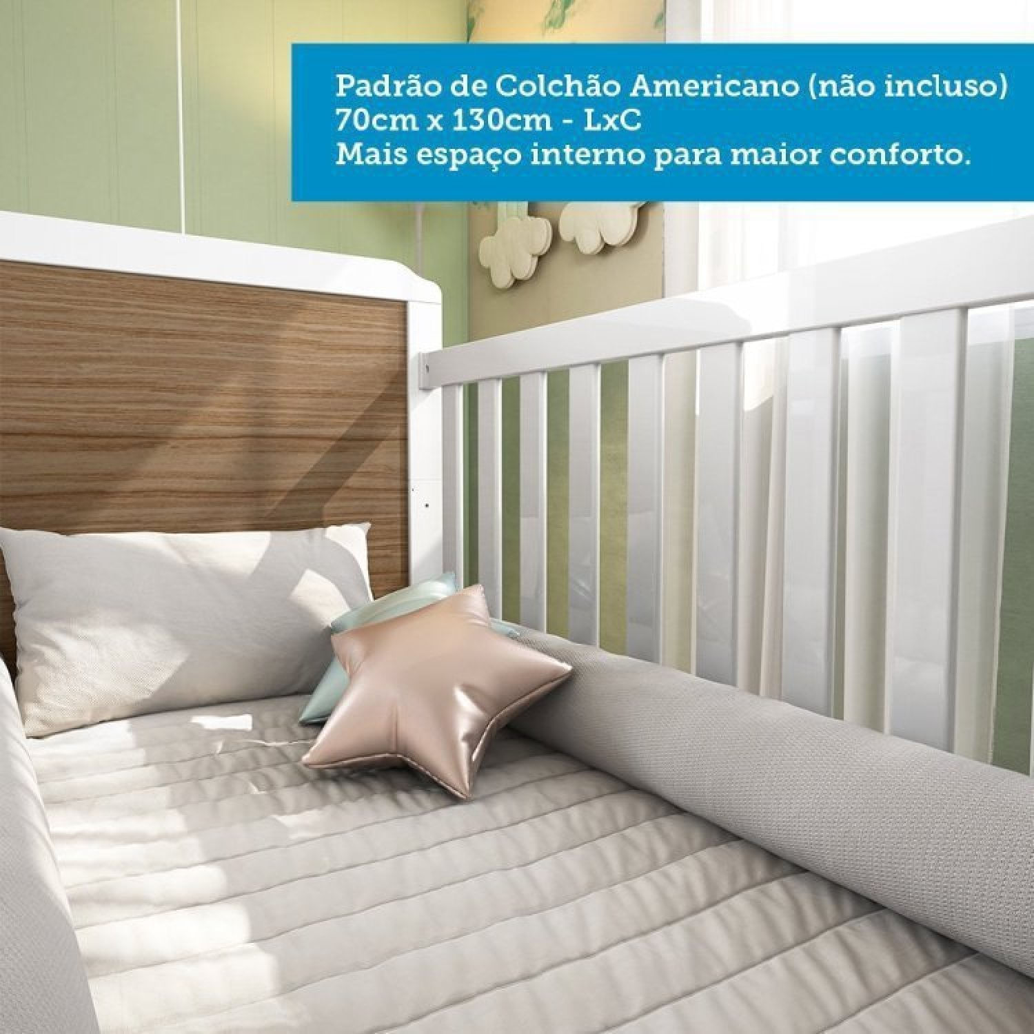 Encontraproduto.com.br - Quarto de Bebê com Berço Mini Cama 2 em 1 Cloe Guarda Roupa 4 Portas 3 Gavetas Uli Móveis Peroba Branco Brilho/Carvalho