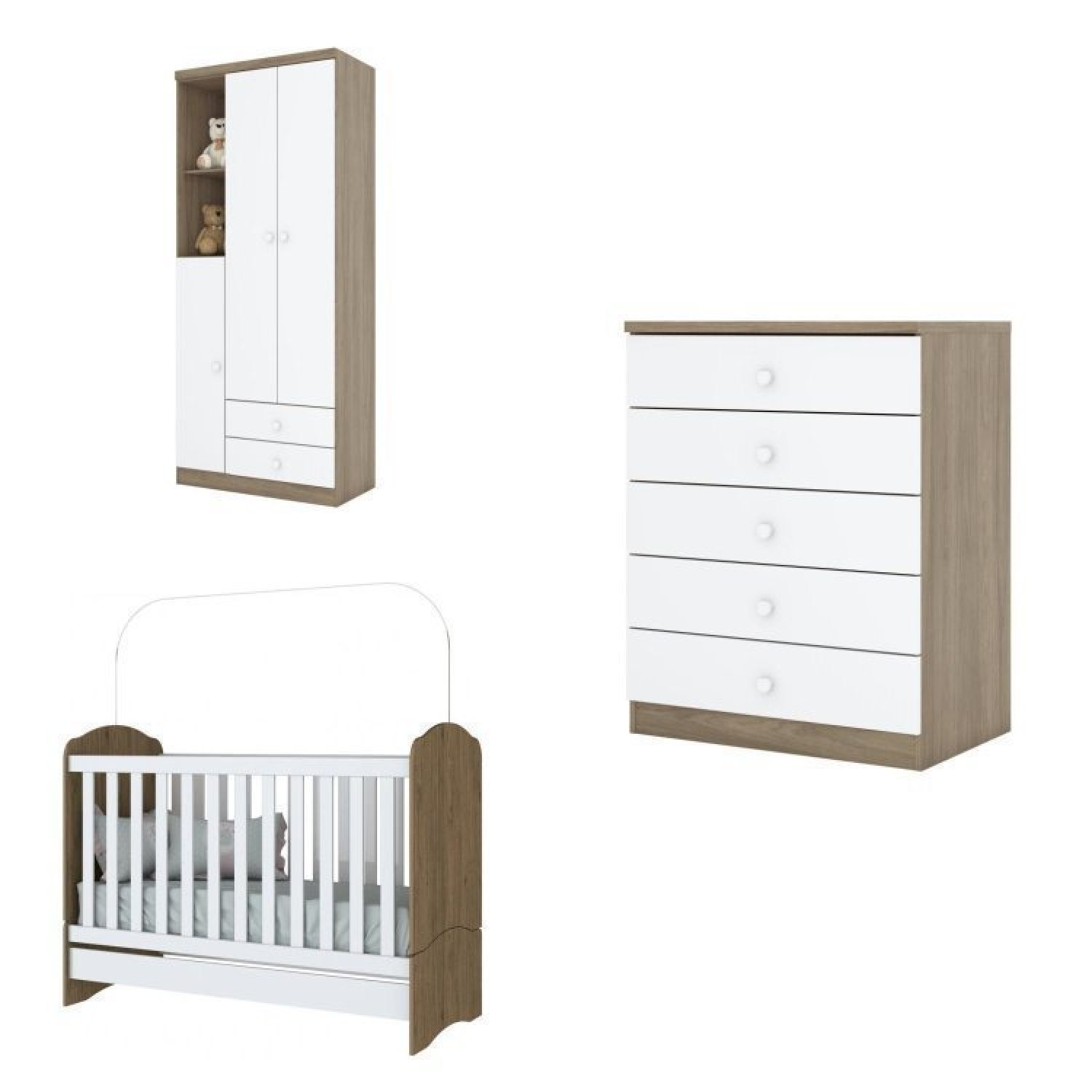 Quarto de Bebê com 1 Guarda Roupa 1 Cômoda e Berço 3 em 1 Abracadabra Espresso Móveis Rústico/Branco