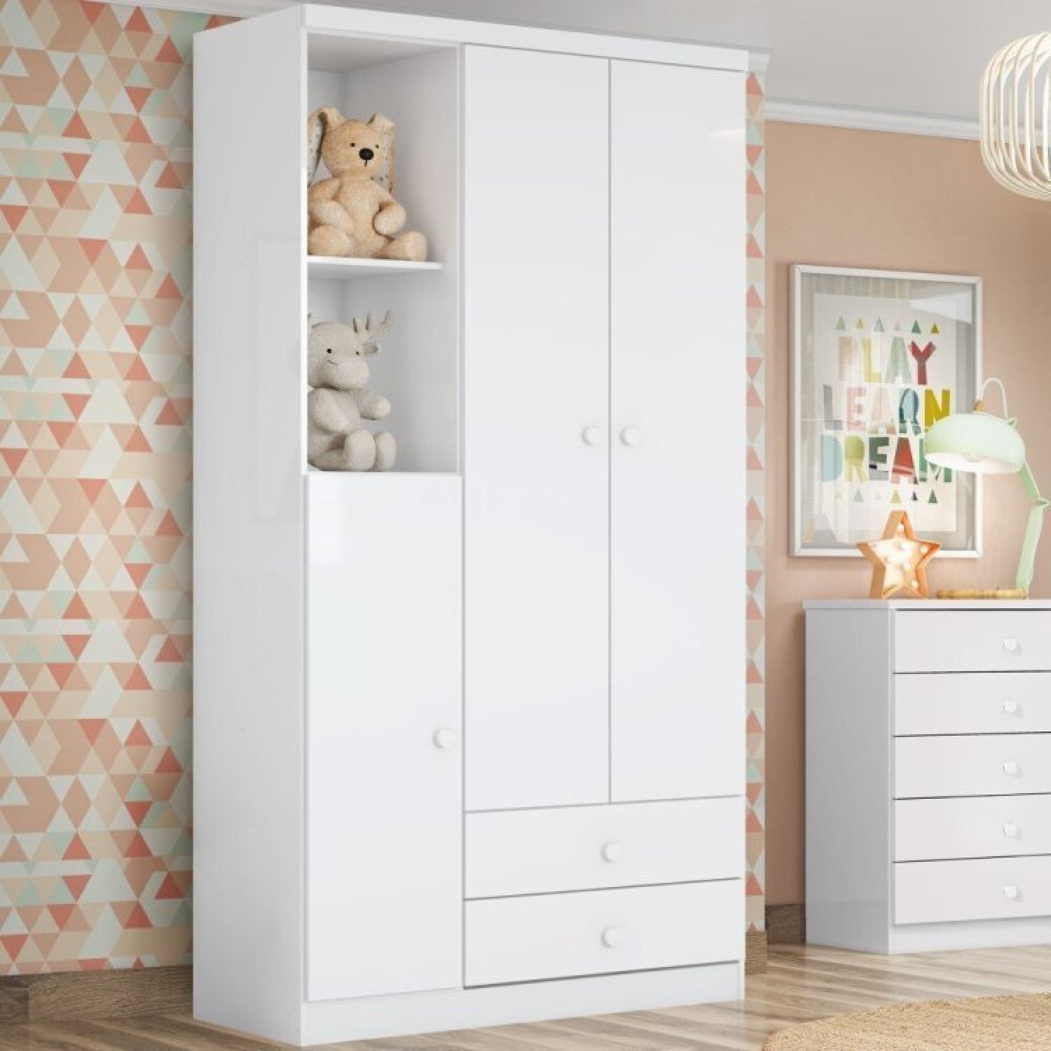 Encontraproduto.com.br - Quarto De Bebê Completo Guarda Roupa 3 Portas 2 Gavetas Com Berço 3 Em 1 Abracadabra Espresso Móveis Branco