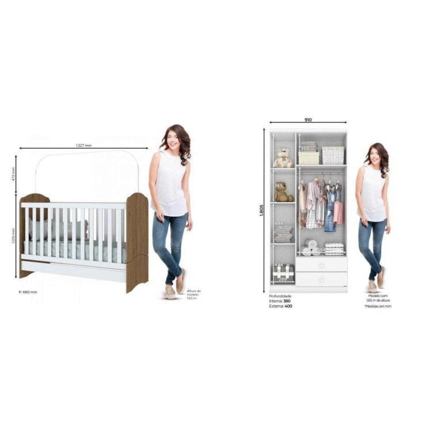 Quarto de Bebê Completo Guarda Roupa 3 Portas 2 Gavetas com Berço 3 em 1 Abracadabra Espresso Móveis Rústico/Branco