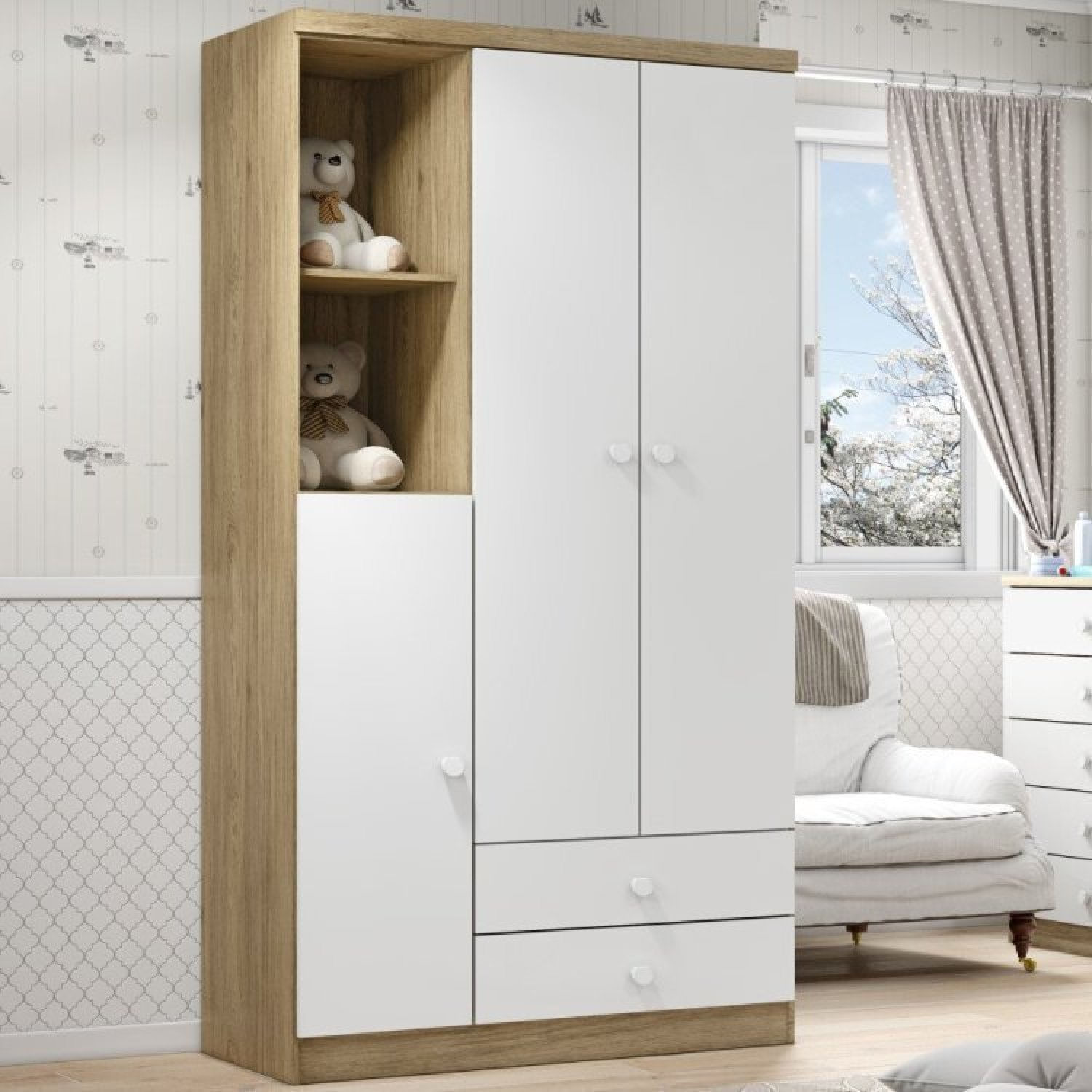 Encontraproduto.com.br - Quarto de Bebê Completo Guarda Roupa 3 Portas 2 Gavetas com Berço 3 em 1 Abracadabra Espresso Móveis Rústico/Branco