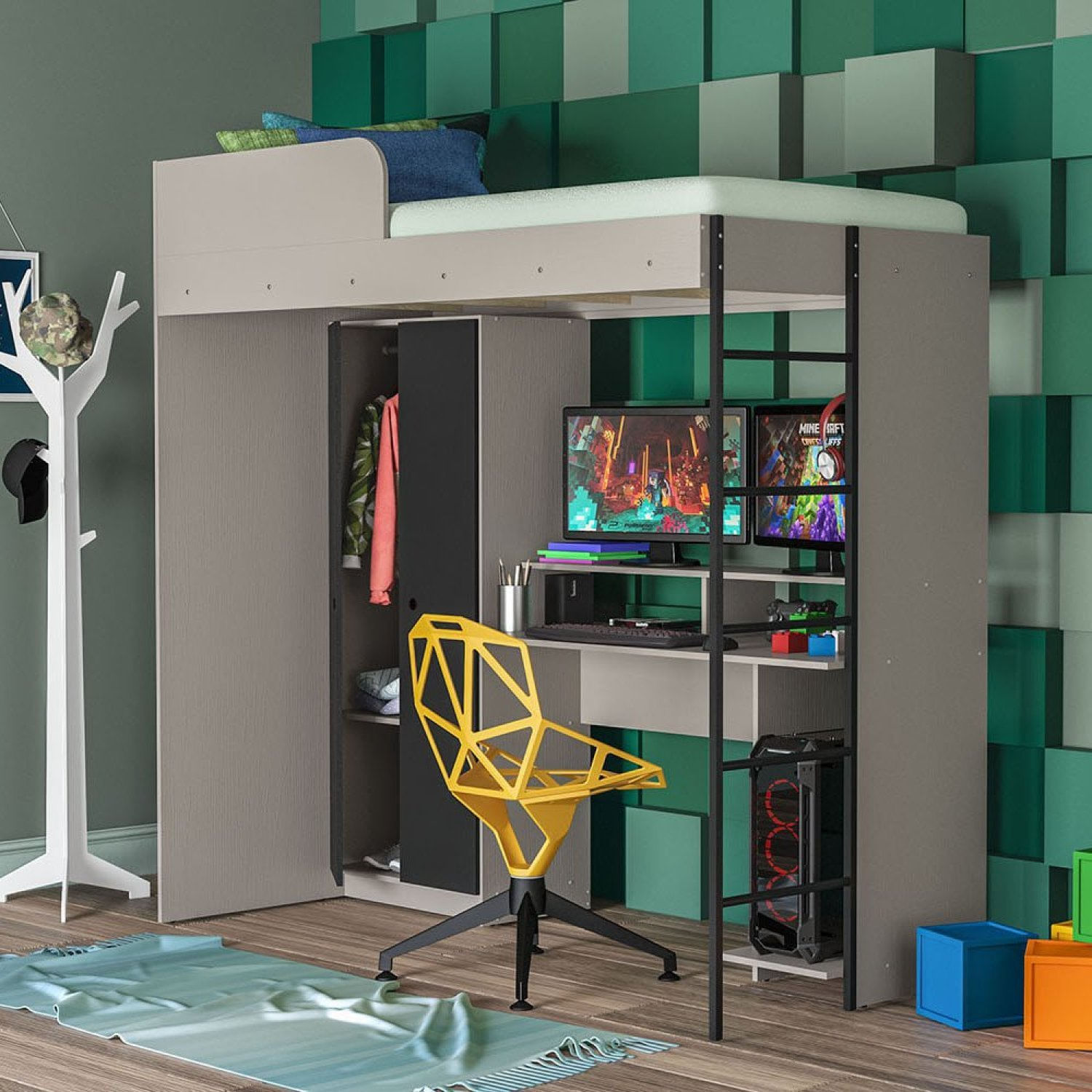 Encontraproduto.com.br - Cama Multifuncional Infantil Com Roupeiro E Mesa Gamer Wt
