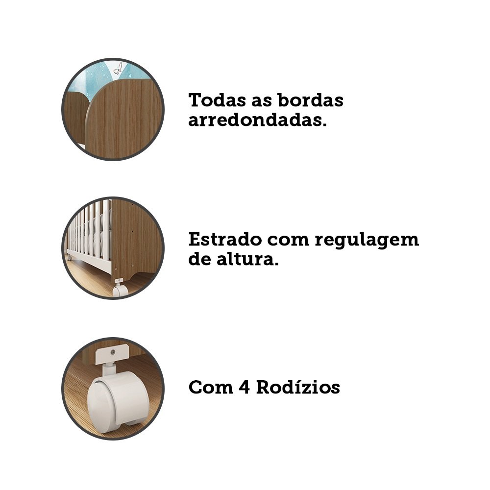 Encontraproduto.com.br - Quarto de Bebê Completo com Guarda Roupa 3 Portas Cômoda e Berço 100% MDF Mimo Espresso Móveis Branco Brilho/Carvalho