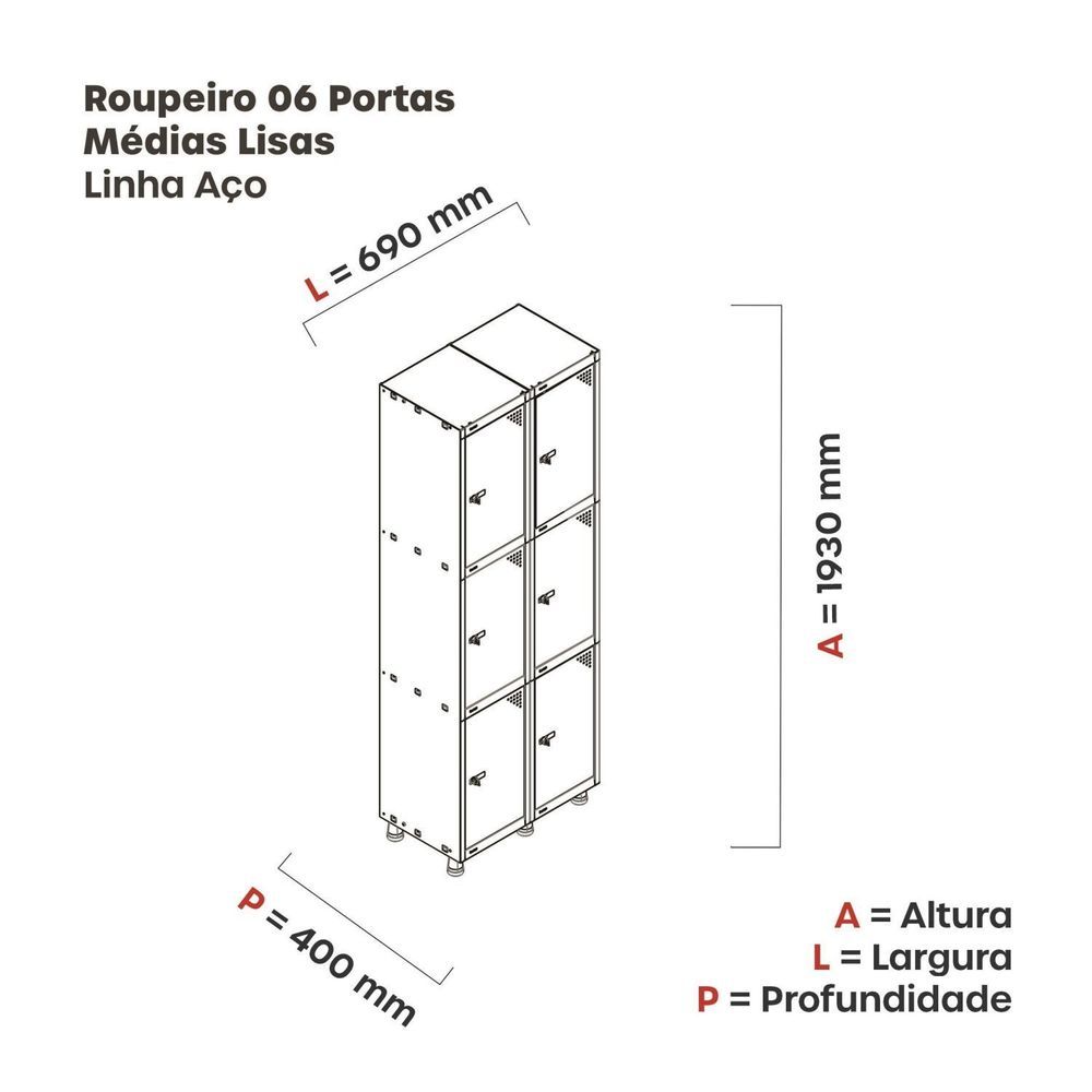 Armário Roupeiro 6 Portas Aço Grp 502/6 Pandin Móveis Cinza