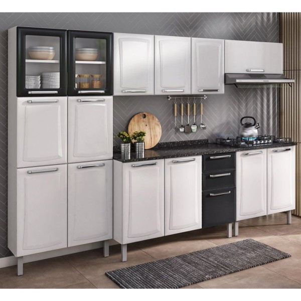 Cozinha 5 Peças 15 Portas Paneleiro Duplo Balcão Para Cooktop Em Aço Tarsila Itatiaia Branco/Preto