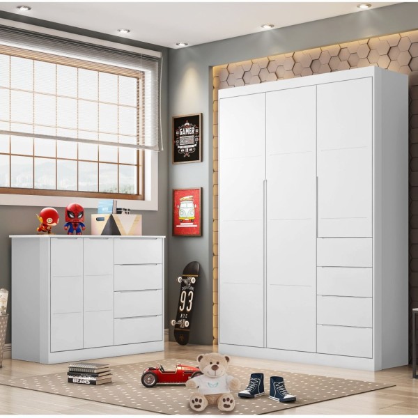 Encontraproduto.com.br - Quarto Infantil com Guarda Roupas e Cômoda Eloá Phoenix Baby Branco