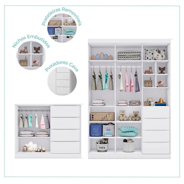 Encontraproduto.com.br - Quarto Infantil com Guarda Roupas e Cômoda Eloá Phoenix Baby Branco