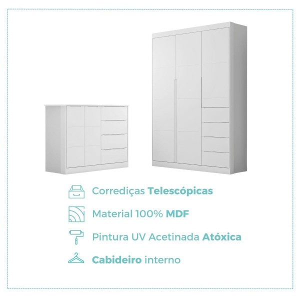 Encontraproduto.com.br - Quarto Infantil com Guarda Roupas e Cômoda Eloá Phoenix Baby Branco