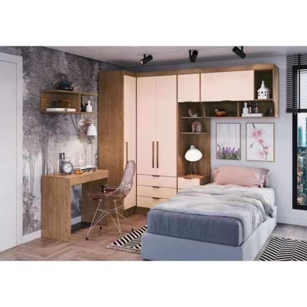 Encontraproduto.com.br - Guarda Roupa Modulado 6 Peças 6 Portas 4 Gavetas Com Escrivaninha Juvenil Infinity Móveis Castro Macadâmia/Blush Line