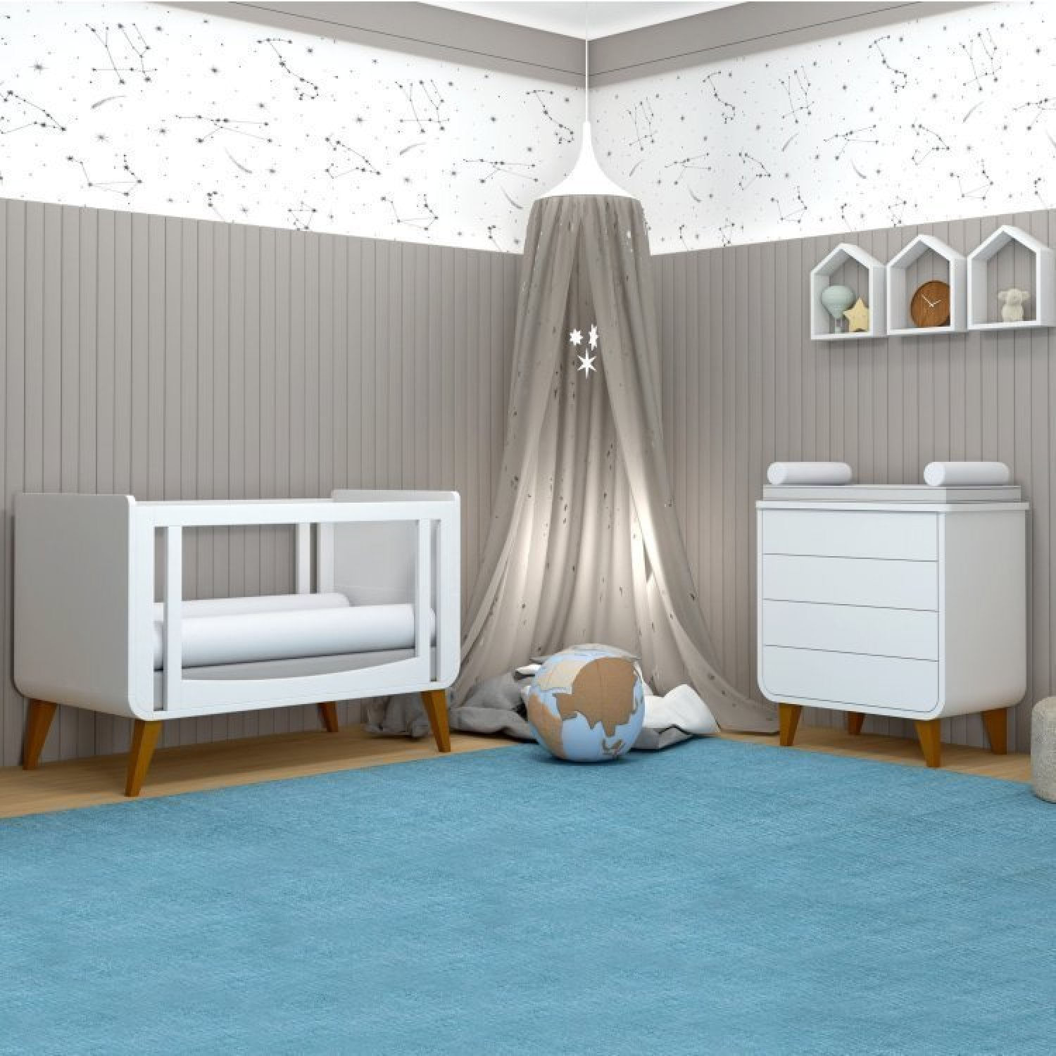 Quarto de Bebê Completo Berço 2 em 1 com Cômoda 4 Gavetas e-Galaxy Timber Branco