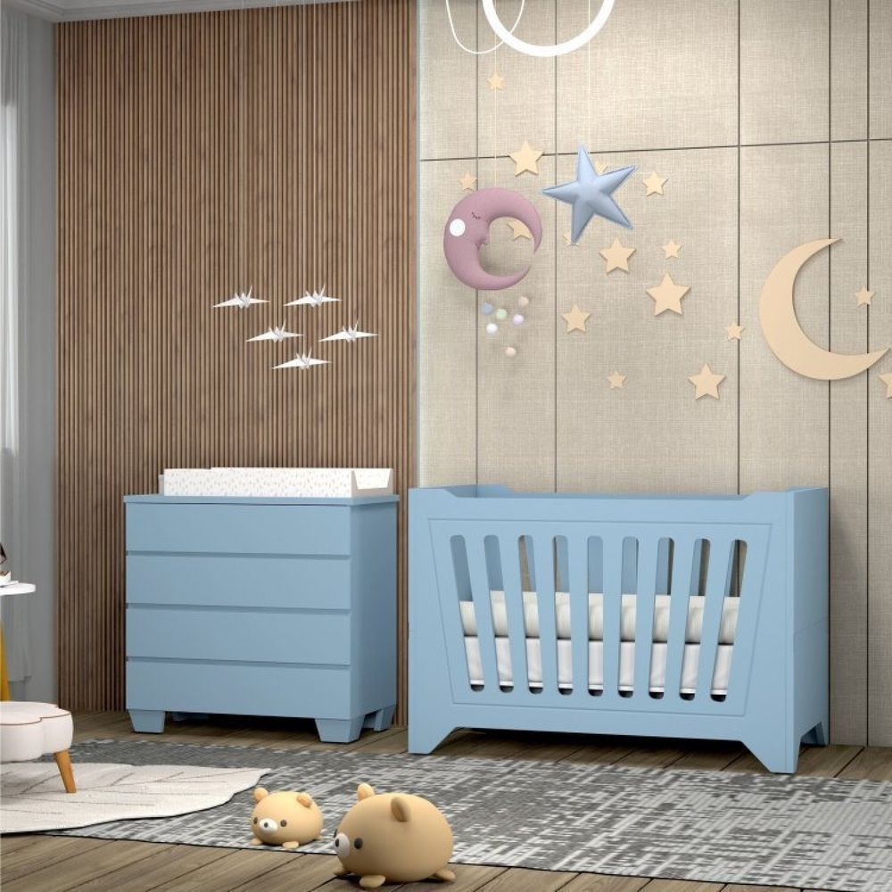 Quarto De Bebê Completo Berço 2 Em 1 Com Cômoda 4 Gavetas Nest Timber Azul