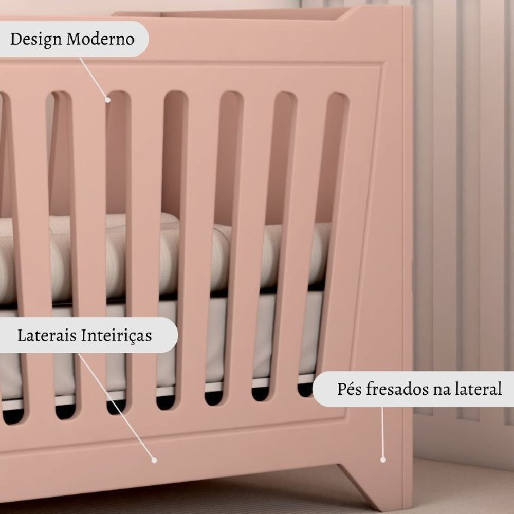 Encontraproduto.com.br - Quarto De Bebê Completo Berço 2 Em 1 Com Cômoda 4 Gavetas Nest Timber Rosa